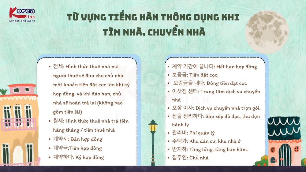 Từ vựng tiếng Hàn thông dụng khi tìm nhà, chuyển nhà