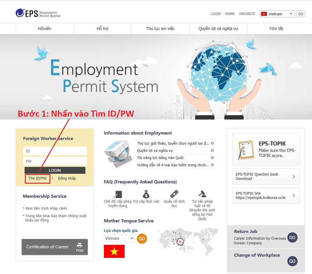 Hướng dẫn lấy lại mật khẩu tài khoản EPS cho người lao động đăng ký đi Hàn Quốc